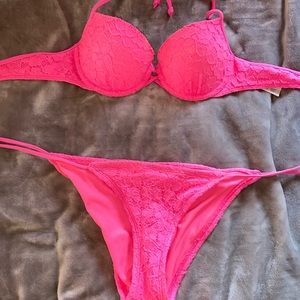 Bright pink lace push-up bikini